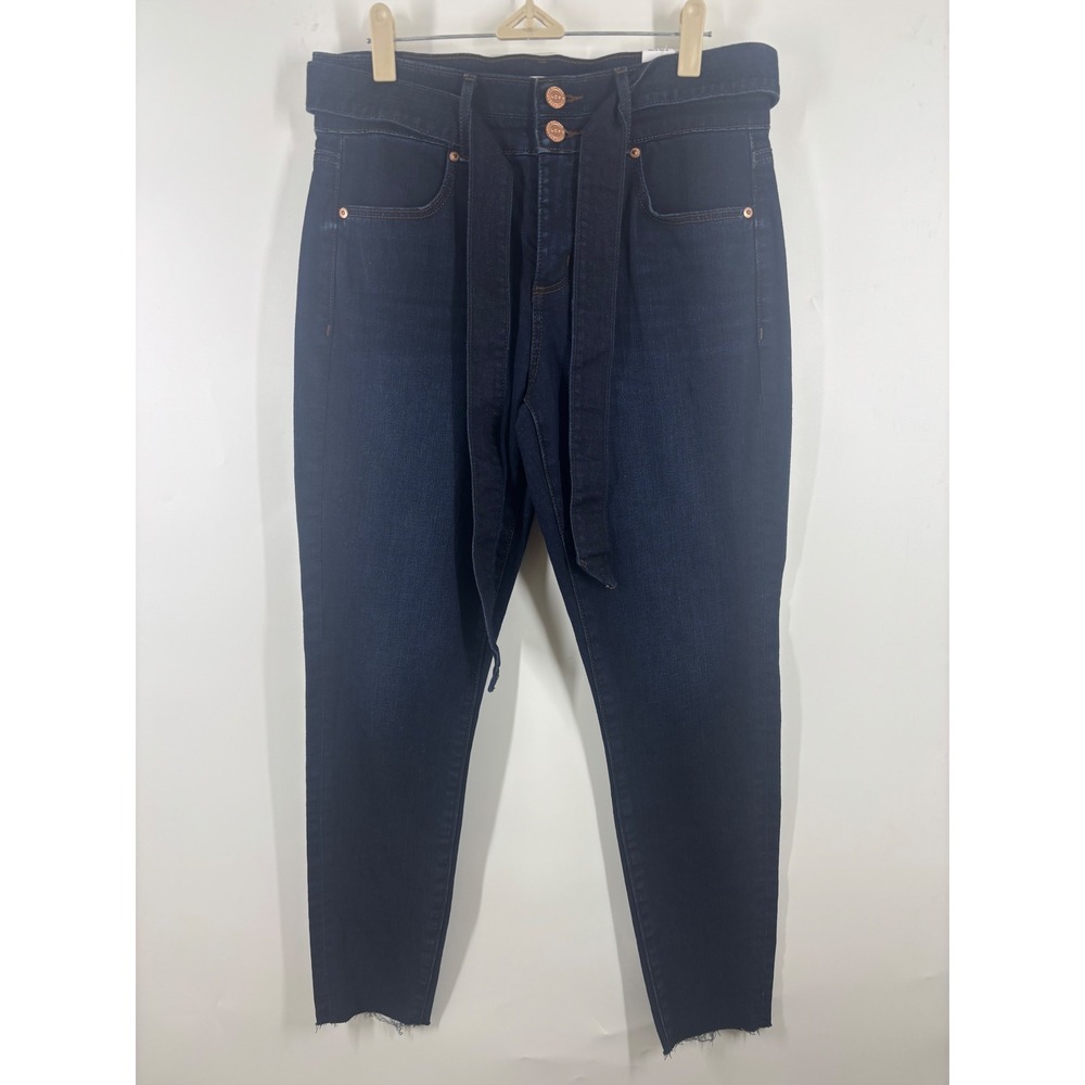 Loft Womens High Waist Skinny Jeans Dark Wash Raw Hem Tie Belt Size 6 28